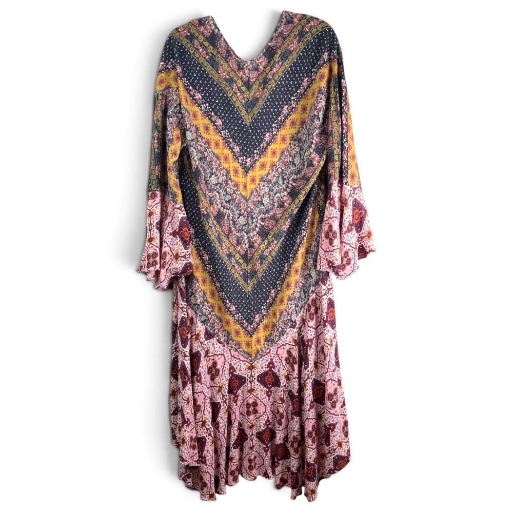 boho patchwork floral duster xl bell sleeve ruffle kimono cardigan pink navy rus - Picture 2 of 5
